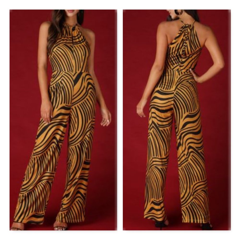 Gold Abstract Stripe Halter Jumpsuit